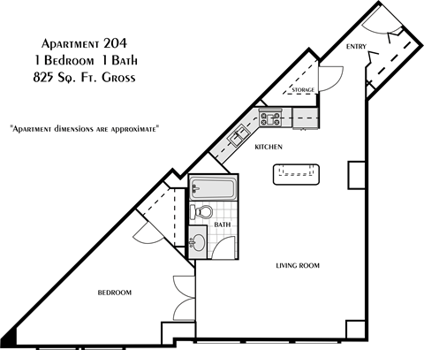 Floor plan for 1 bed, 1 bath, 825 sqft